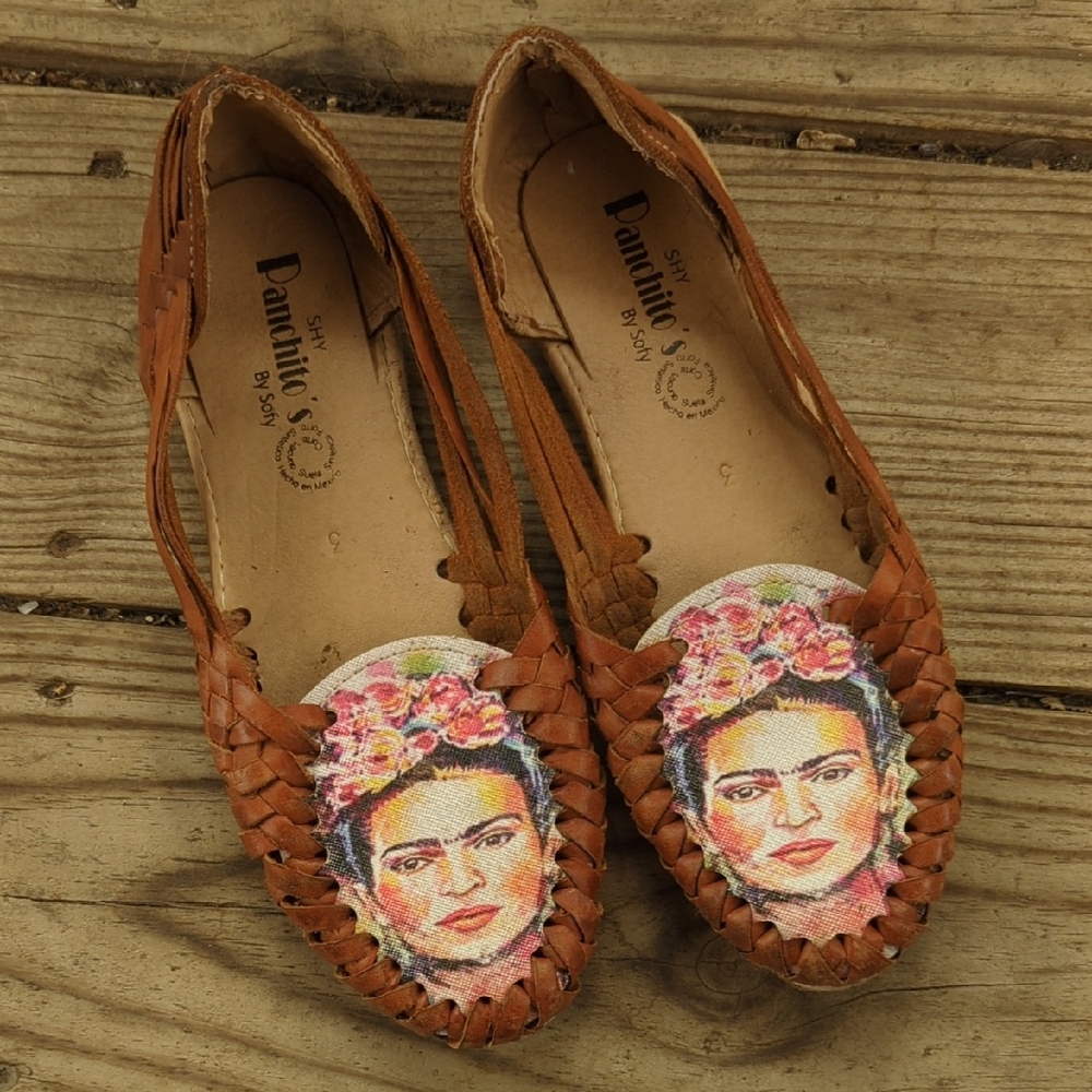 Women’s Tan Woven Leather Flats with Floral Portrait Detail